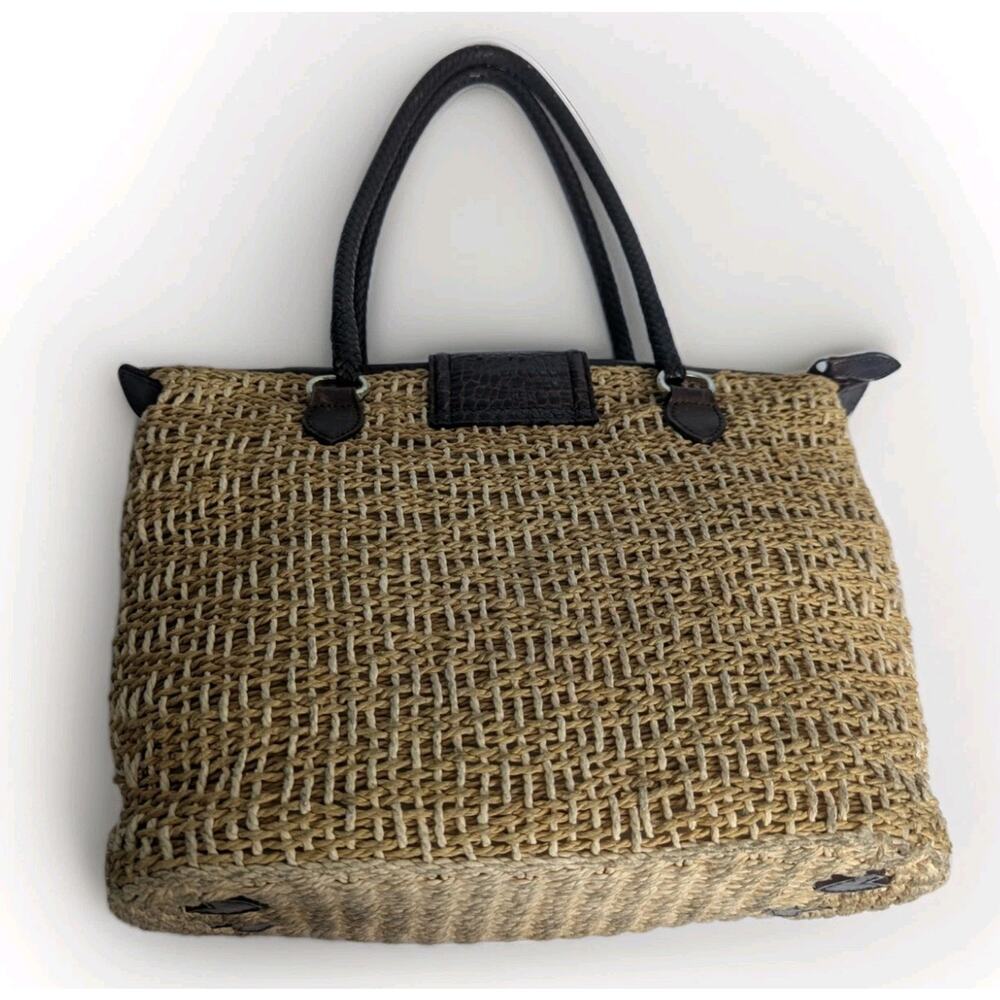 Brighton Straw Handbag Brown Leather Straps Silvertone Hardware Magnetic Clasp - Picture 2 of 8
